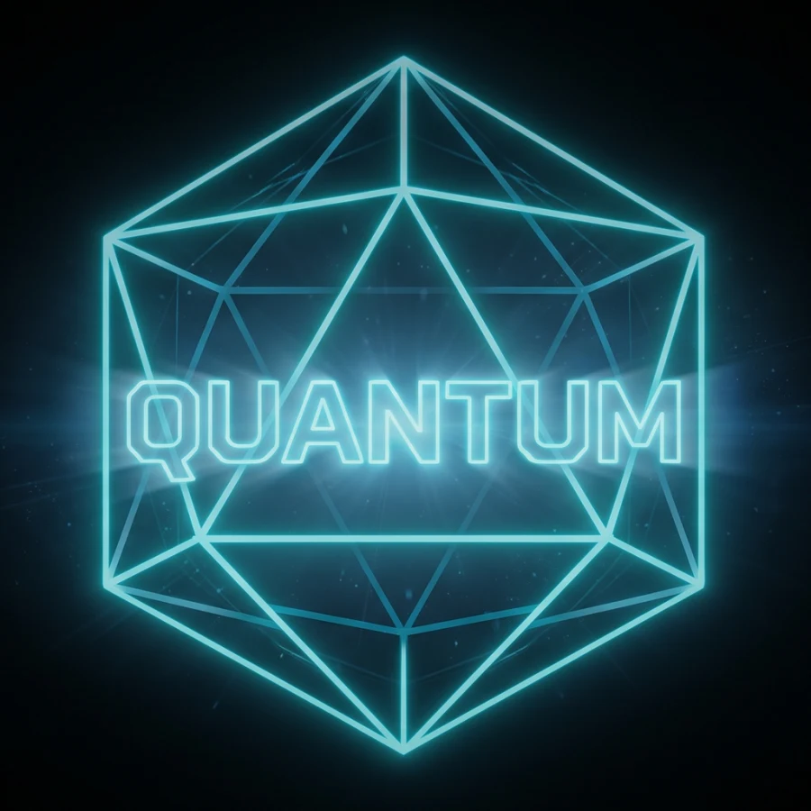 The Quantum Dice Roller mark: a glowing neon wireframe twenty-sided die with QUANTUM across it
