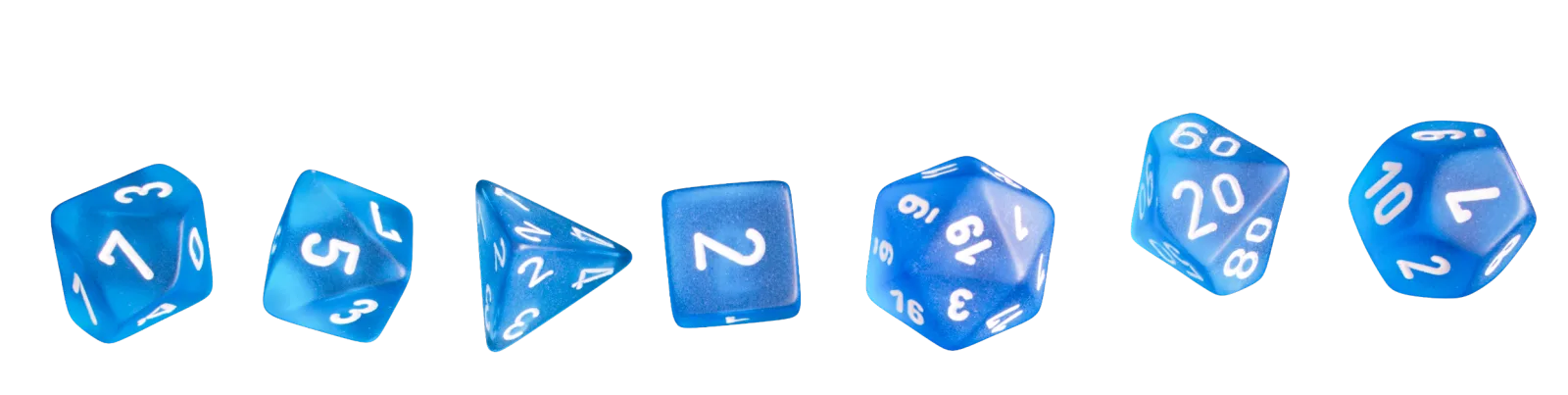 A row of translucent blue polyhedral dice glowing against a dark background
